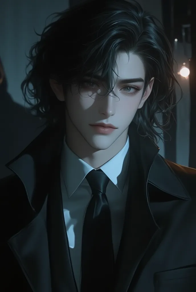 man. A handsome 25-year-old Korean man in a suit ,  dark and long hair. black eyes.top quality,  blur background, good-looking, tired,  long hair.  wolf ear