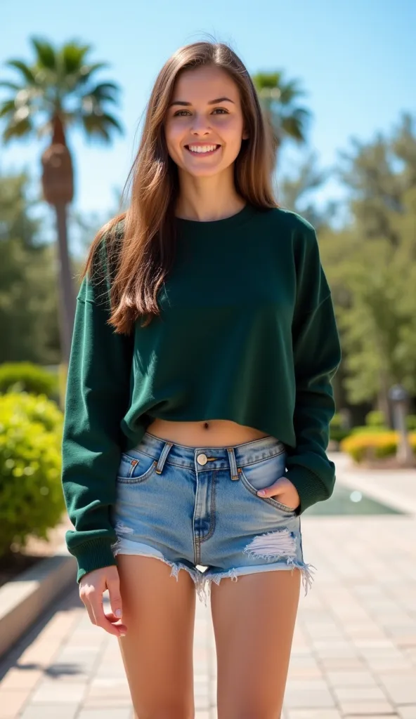 Portrait of a young woman, with fair skin and long brown hair.  Friendly expression and natural smile.  The estimated age is between 18 and 25 years.  Dressed in a dark green long-sleeved sweater, cropped, e faded denim shorts, short in length, with rips a...