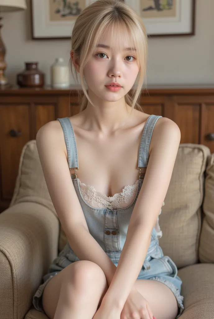 bikinis, 걸작, top quality, very detailed,  high school girl, Beautiful Faces, Rich Details, Blonde, Short hair, perfect face, Overalls, Sitting ,  close up, shabby sofa, Underboob, Slender, Innocent and sexy,  legs, Each line, lingerie boobs, Body profile, ...