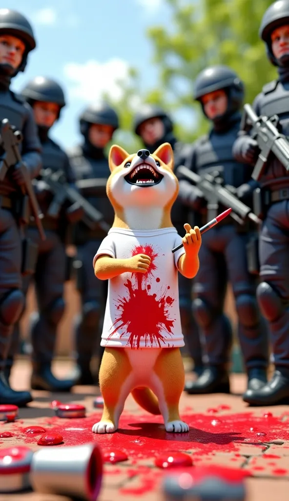 A highly detailed and slightly humorous 3D-style image of a group of special forces police officers in a backyard, wearing full tactical gear including helmets, vests, and weapons. They are standing in a semi-circle around a Shiba Inu dog wearing a white t...