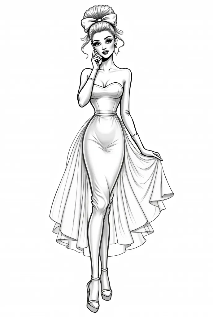 "Design a detailed black-and-white line art illustration of a glamorous female model dressed in a vintage-inspired cocktail dress. The dress features a fitted strapless bodice with a smooth satin-like texture, flaring into a voluminous skirt with a layered...