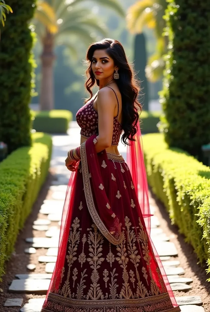  A stunning woman with a curvy physique and warm skin tone, standing in a beautifully maintained garden pathway surrounded by lush green hedges and trees. She wears a deep maroon and gold embroidered lehenga with intricate patterns, a matching blouse with ...