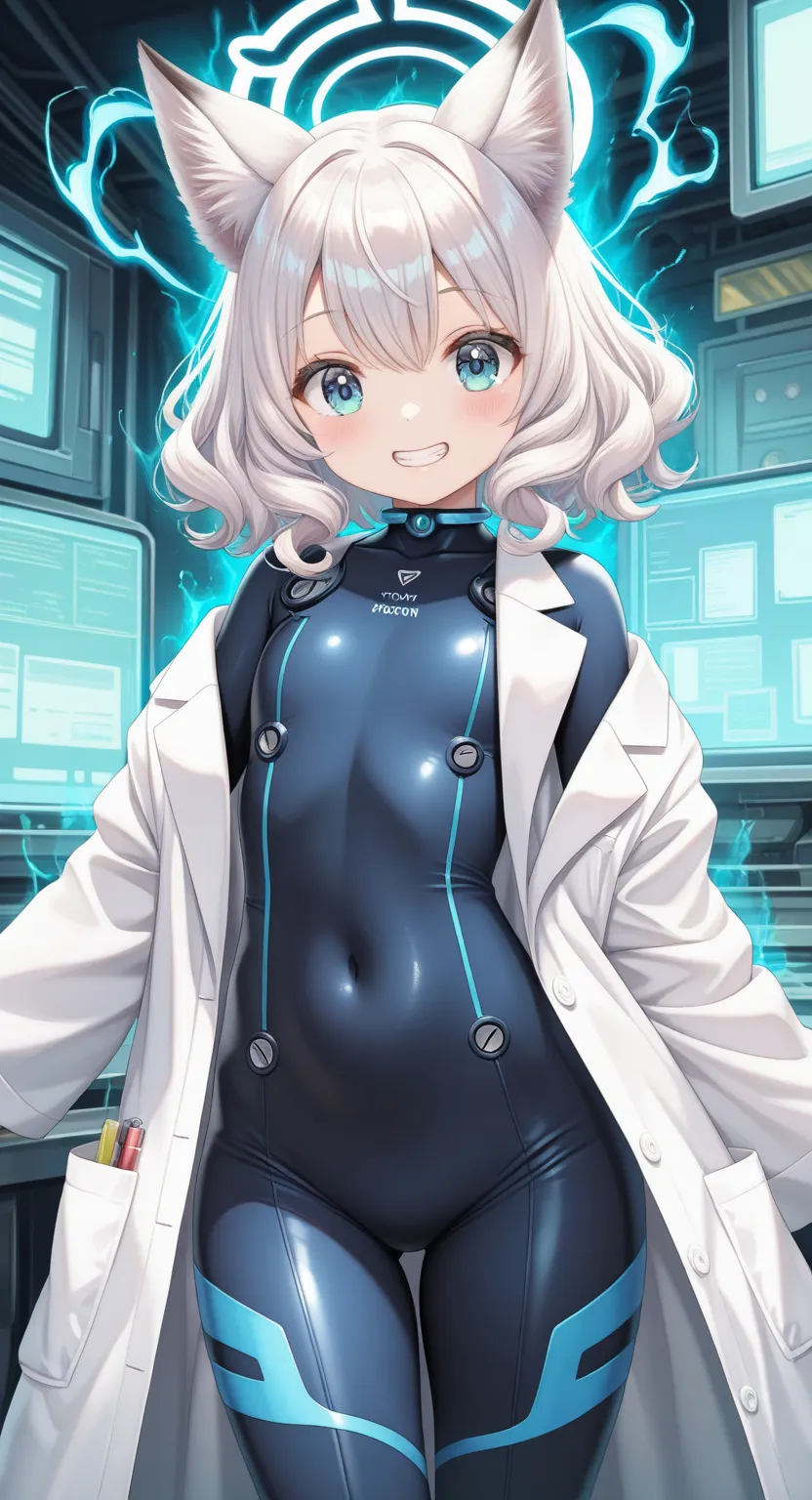 masterpiece,best quality,amazing quality,very aesthetic,absurdres,newest, (torino aqua:0.7),
(cowboy shot), flat chest, (1girl:1.1), (solo), fox ears, wavy hair, short hair, white hair, clenched teeth, happy, smile,futuristic, white lab coat, blue bodysuit...