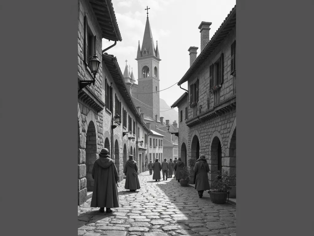 Streets of brixen landscape art many ren and people black and white 