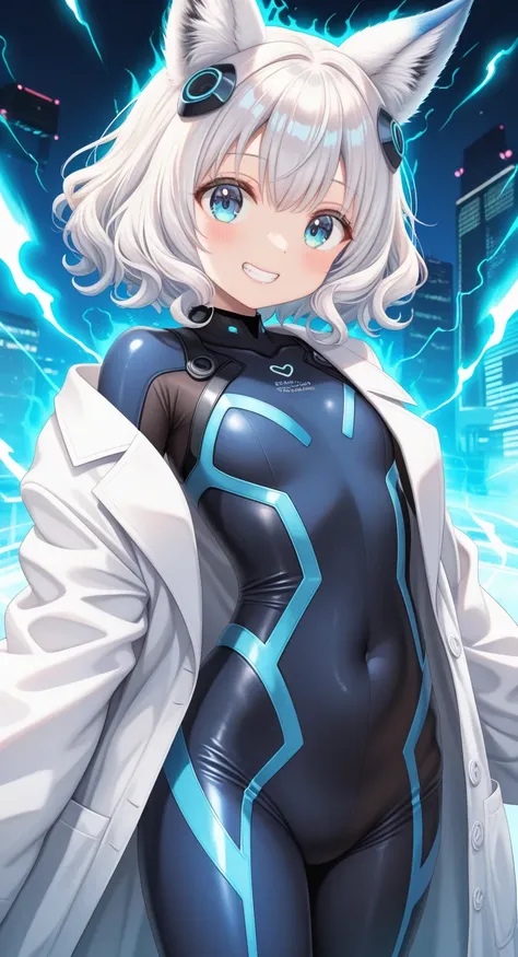 masterpiece,best quality,amazing quality,very aesthetic,absurdres,newest, (torino aqua:0.7),
(cowboy shot), flat chest, (1girl:1.1), (solo), fox ears, wavy hair, short hair, white hair, clenched teeth, happy, smile,futuristic, white lab coat, blue bodysuit...