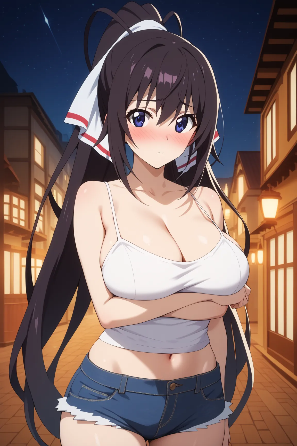 masterpiece,best quality,{{detailed beautiful face and eyes}}, very detailed background,
Houki Shinonono,{{{megami magazine}}},long hair,black hair,hair ribbon,white ribbon,ponytail,blue eyes,large breasts,
camisole, bare shoulders, cleavage, crop top, cut...