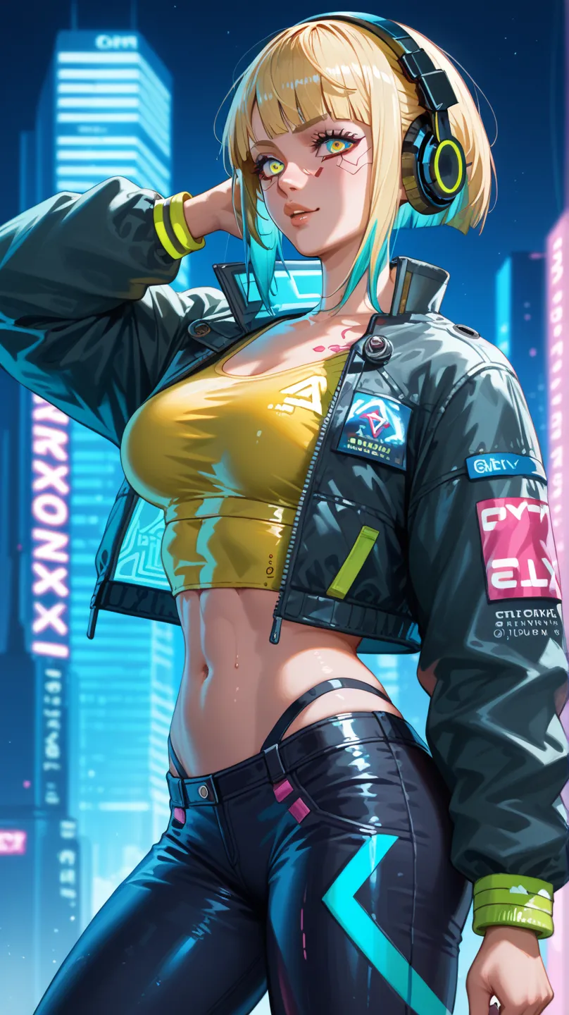 A stylish cyberpunk girl with bright blonde hair and vibrant pink cybernetic eyes. She wears a futuristic mask with neon X and digital glitch effects, along with large high-tech headphones with glowing accents. She is dressed in a sporty cyberpunk outfit, ...