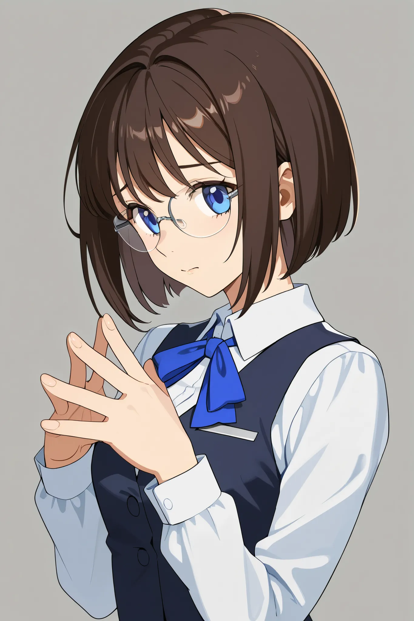 Dark Brown Hair　Blue Eyes　　anime　comics　　　One person　perfect fingers　Perfect Anatomy　　　 　bob hair　　　　　Patsun　　　　　SMALLE BREASTS   　　Glasses　　　　Office uniform　　OL　　　　skirt　　　illustration for both eyes　　　　I don't seem to have confidence 　　　small bust　Plain　i...