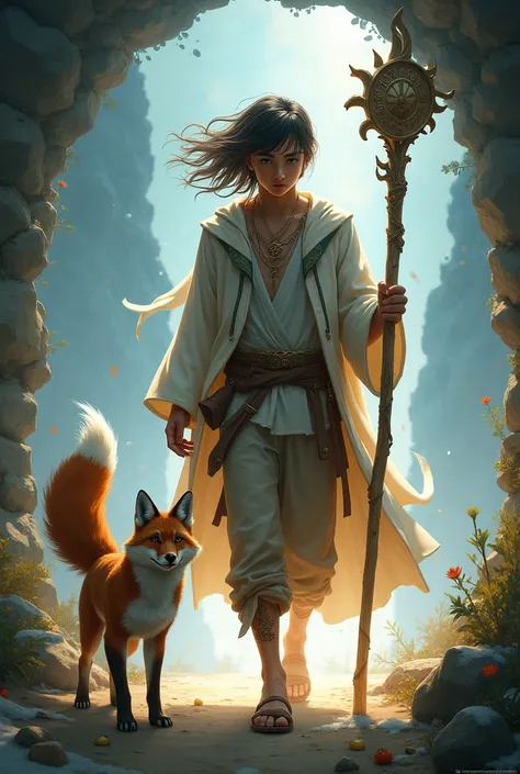 Create an image of a young man walking through a portal, whose front fox has long hair and a staff in his hand... He leaves behind a fox