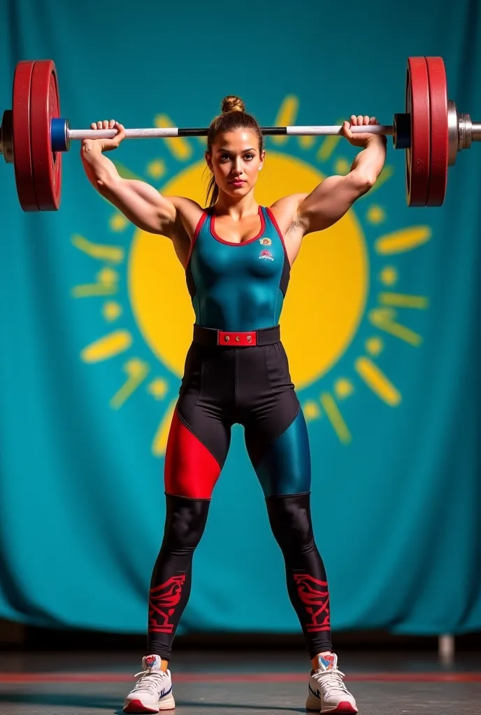 Create an image of a serious female weightlifter. She is standing in a stand with a barbell above her head, demonstrating strength and concentration. She wears weightlifting tights, emphasizing her musculature and athletic figure. Bright festive background...