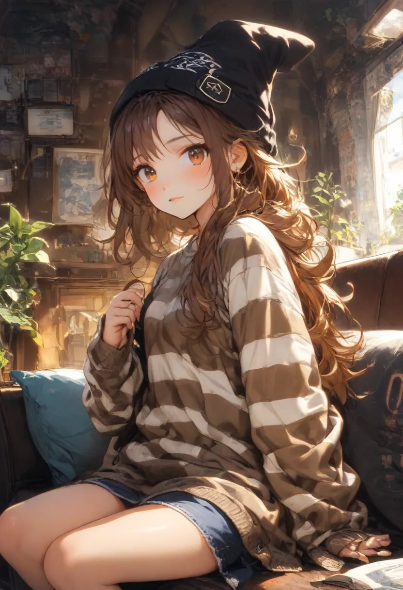 18 years old girl, brown hair, brown eyes, fair skin, 158 cm, black slouchy beanie hat, black and white stripes long sleeve t-shirt, brown cardigan, sitting on the couch, looking at the camera.