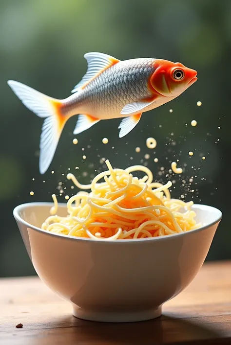 draw a fish (Soon hock) that jump on  full of noodle with white bowl