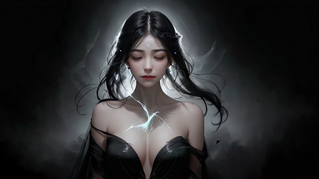 A mysterious, ethereal female figure with short, short jet-black hair, softly illuminated by ambient lighting. Her eyes are concealed behind an intricate, crystalline black blindfold, resembling fractured obsidian or a delicate dark glass texture that subt...