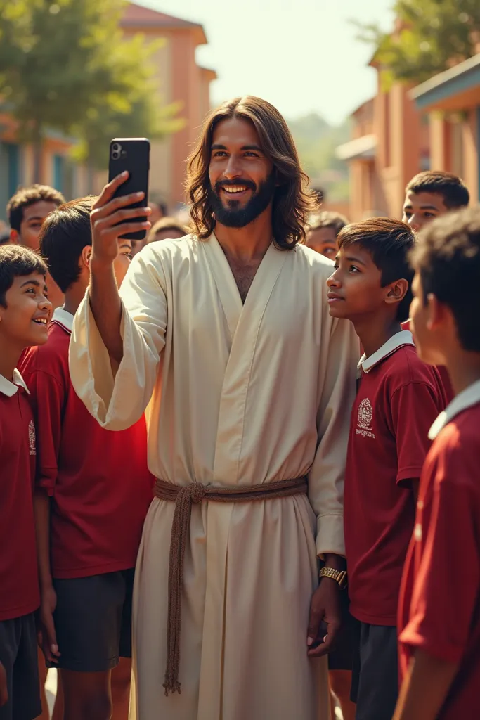 Generate a photo of a Jesus in 2025 taking a selfie with your cell phone with boys and girls wearing Adventist school uniforms in drawings 