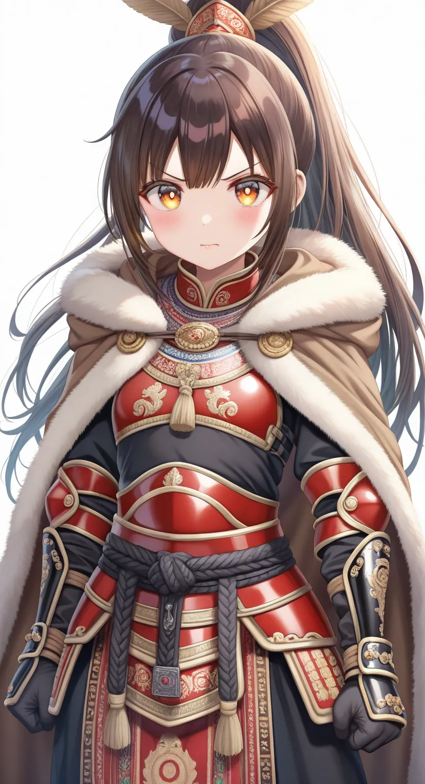 masterpiece,best quality,amazing quality,very aesthetic,absurdres,newest, (torino aqua:0.7),
(cowboy shot), flat chest, (1girl:1.1), (solo), dark brown hair, very long hair, ponytail, closed mouth, angry, brown cloak, fur-trimmed cloak, mongolian armor, bl...