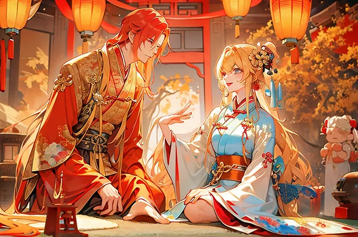 blonde long、Red Haired Wave 、ancient Chinese style clothing with a narrowed hem