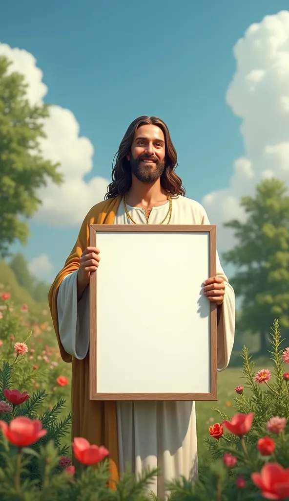 A photorealistic image, 8k, high quality of Jesus Christ holding a blank sign with a serene smile on his face in a green and flowery garden with flowers, trees, And blue sky with white cloudsPixel art, 