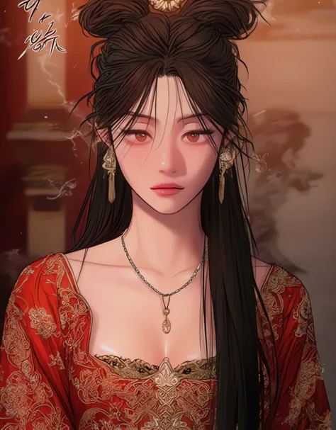 Chinese woman with chinese traditional haircut with very long black hair and sharp looks, a tomboy. Elegant. Beautiful chinese face. Wearing a traditional Chinese outfit with gold details and a low-cut chest