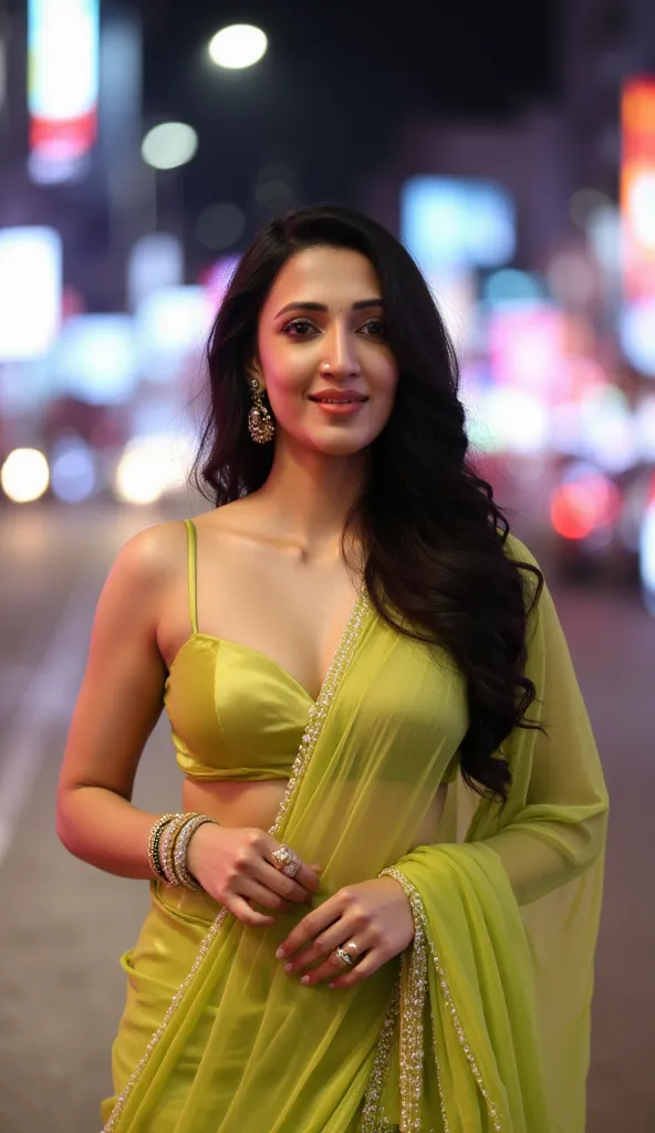 An award winning full HD photo of a stunning woman, in her late 20s, in a flowing saree standing on a empty city street at night, illuminated by the glow of neon signs and street lights. She wears an stylish and modern, lemon green chiffon saree, styled wi...