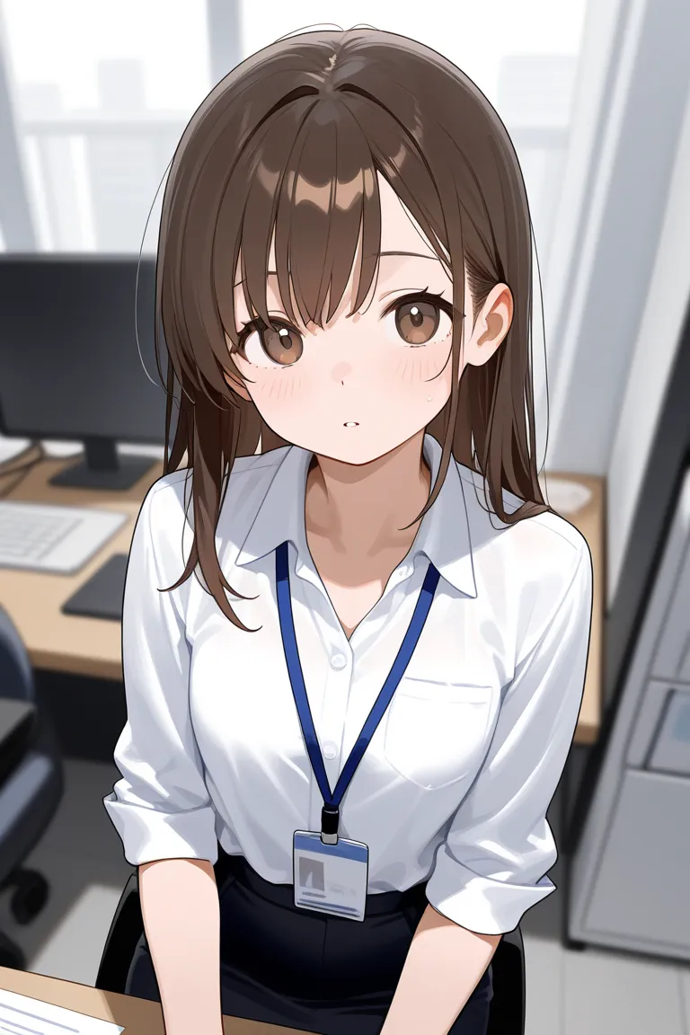 Young female, brown hair, brown eyes, Working in an office