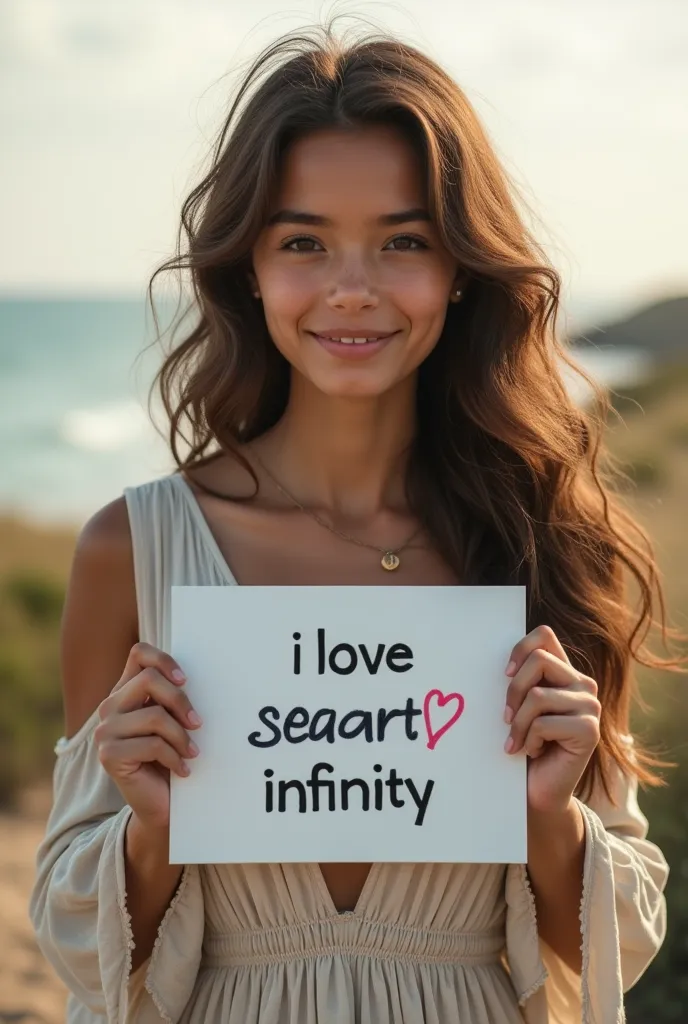 Beautiful girl with wavy long hair, bohemian dress, holding a white board with text "I Love Seaart Infinity" and showing it to the viewer