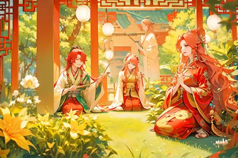 Red-haired wavy woman、long blond man、ancient Chinese style clothing with a narrowed hem