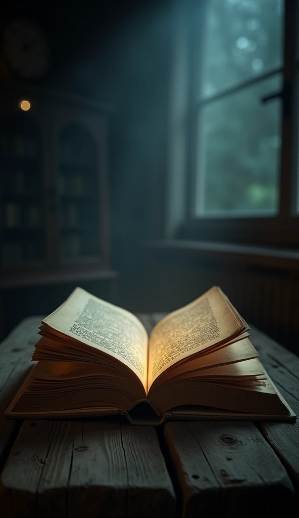 A dramatic, cinematic image of an old, weathered history book lying open on a wooden table, its pages glowing faintly as if revealing hidden truths. The background is dark and blurred, with mysterious shadows hinting at untold stories. The lighting should ...