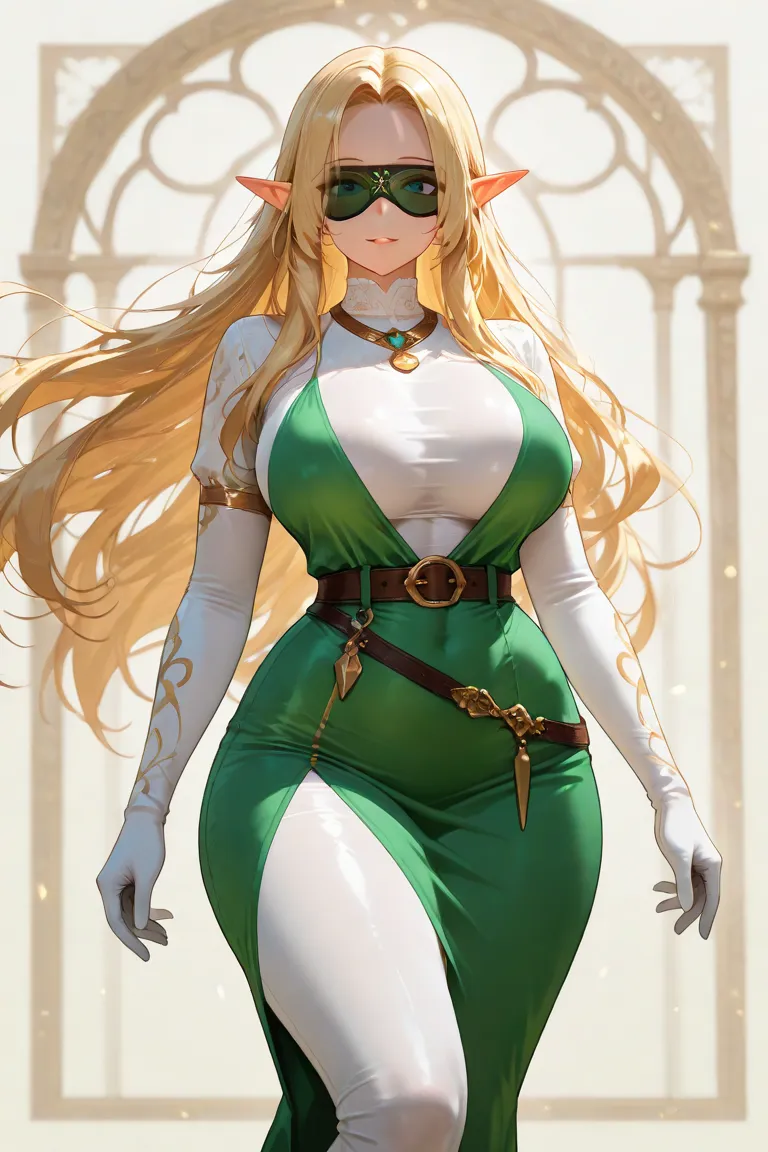 A beautiful elf with long and silky blonde hair, fluttering in the wind. Your blue-green eyes . She has delicate pointed ears, highlighting her elvish heritage. Her body is incredibly voluptuous,  with large and firm breasts ,  a thin waist and wide hips ,...