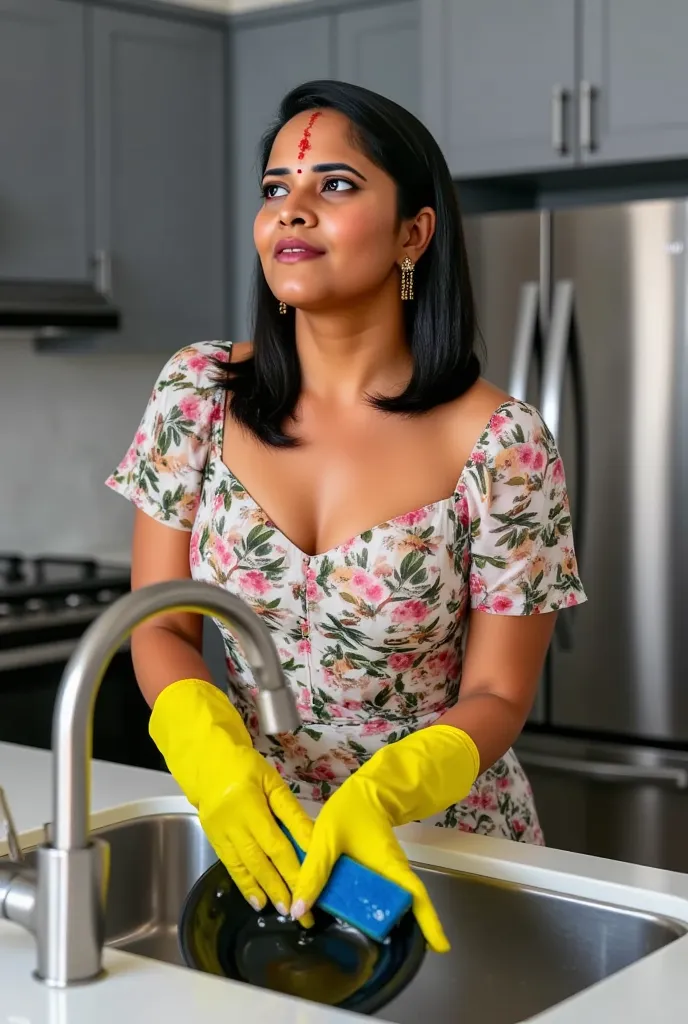  A hot indian sexy white skin milf woman with shoulder-length black hair wearing a floral dress and yellow rubber gloves stands in a modern kitchen, looking up with a frustrated expression with red bindi on his head and golden earings. She is washing a bla...