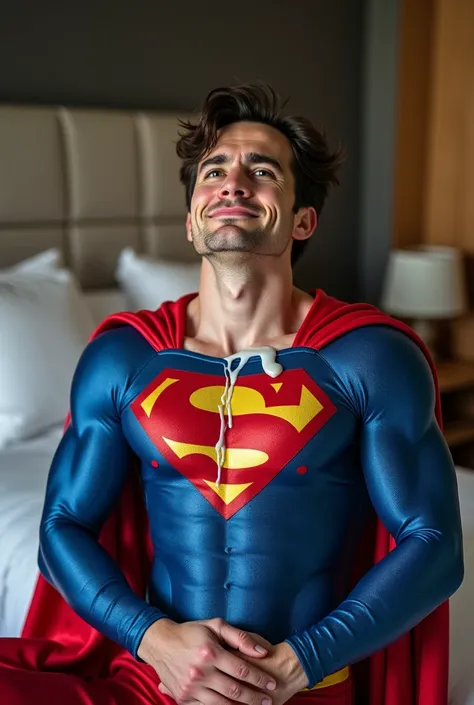 Hotel, bedroom, a handsome man, blue eyes, brunete hair, he is wearing a superman costume is feeling orgasm, (his superman costume is a damp full body costume:1.4). his uncle is muscular, he has nice bulge, uncle has a big dick. the uncle feels painful exh...