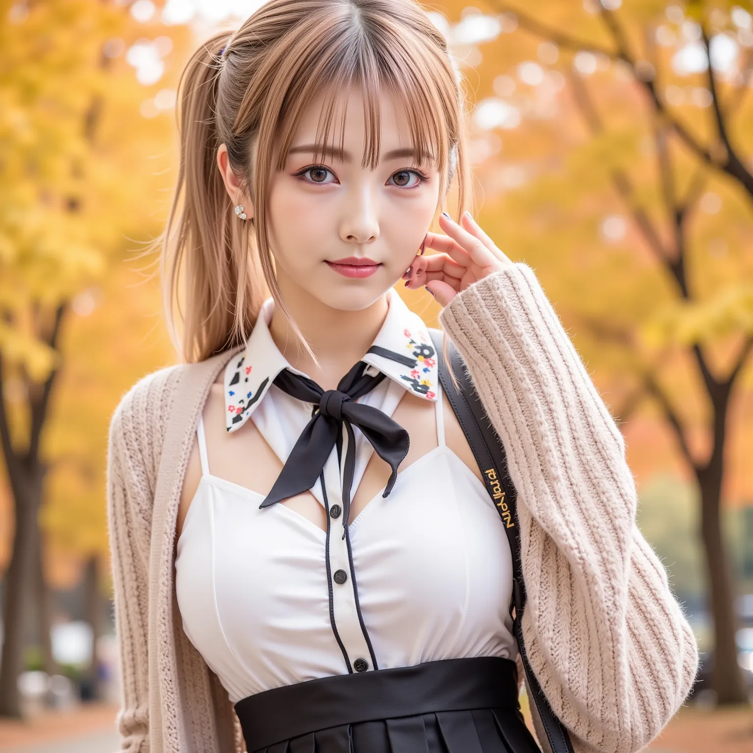 ((8K wallpaper)),((blonde hair)),((short ponytail)),((big breasts,Big Breasts)),(( beautiful Japanese girl)),((wear glasses)),((Autumn leaves background)),((colorful manicure on nails)),((earrings, necklaces)), ribbons, ((School Uniform、pleated skirt、cardi...