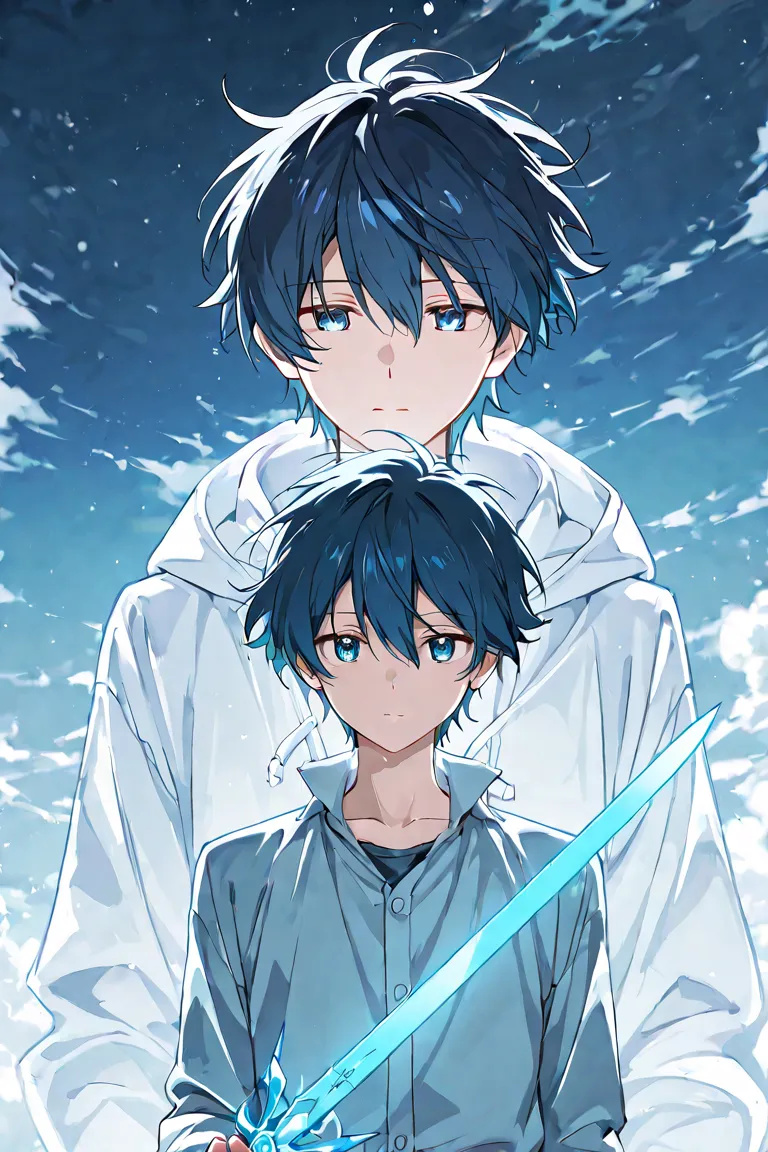 anime style, image color is blue ,dark blue hair,boy around , Sky Blue Eyes, neutral,A face that remains innocent even though it has a cold atmosphere,Fight using a blue sword,Manipulate blue energy,Composition that cuts out of the middle of a battle