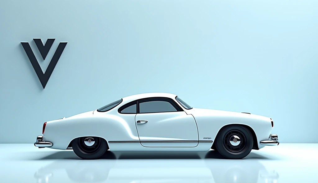 Left side view 2025 Volkswagen karmann Ghia in white  color fully modified , displayed in showroom ,  light blue color wall on background, A huge logo on the background wall looks like real