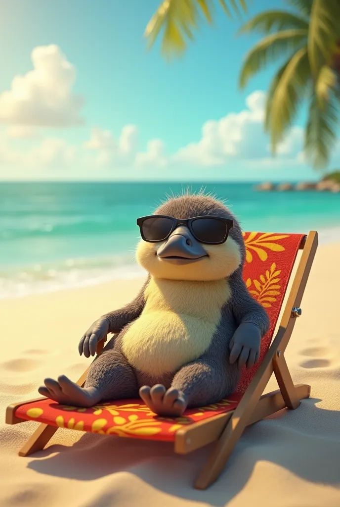 A platypus lying on a sun lounger on the beach wearing dark sunglasses