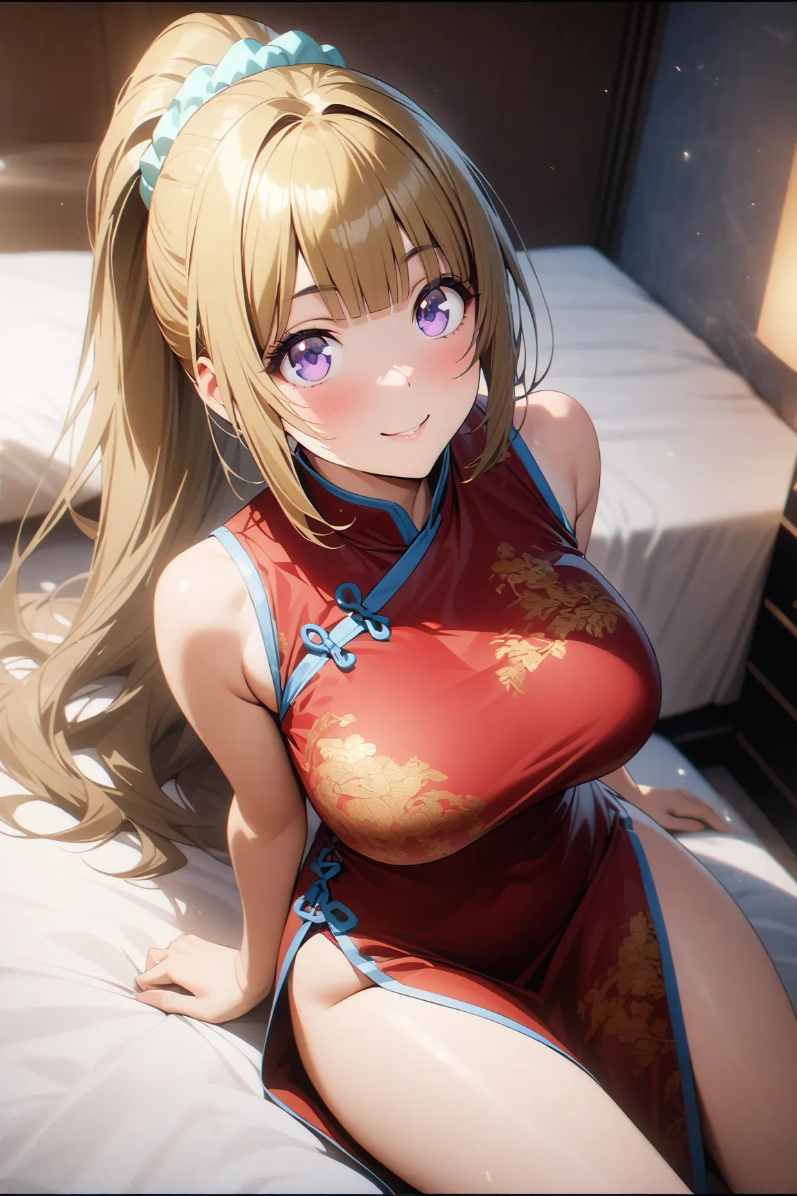 kei karuizawa, a girl with long hair, bangs, blunt bangs, purple eyes, blonde hair, hair ornament, ponytail, scrunchie,large breasts, alone in a hotel room at night iyokozuwari. She’s  china dress, and red underwear,with a cheerful smile. 32K ultra-detaile...