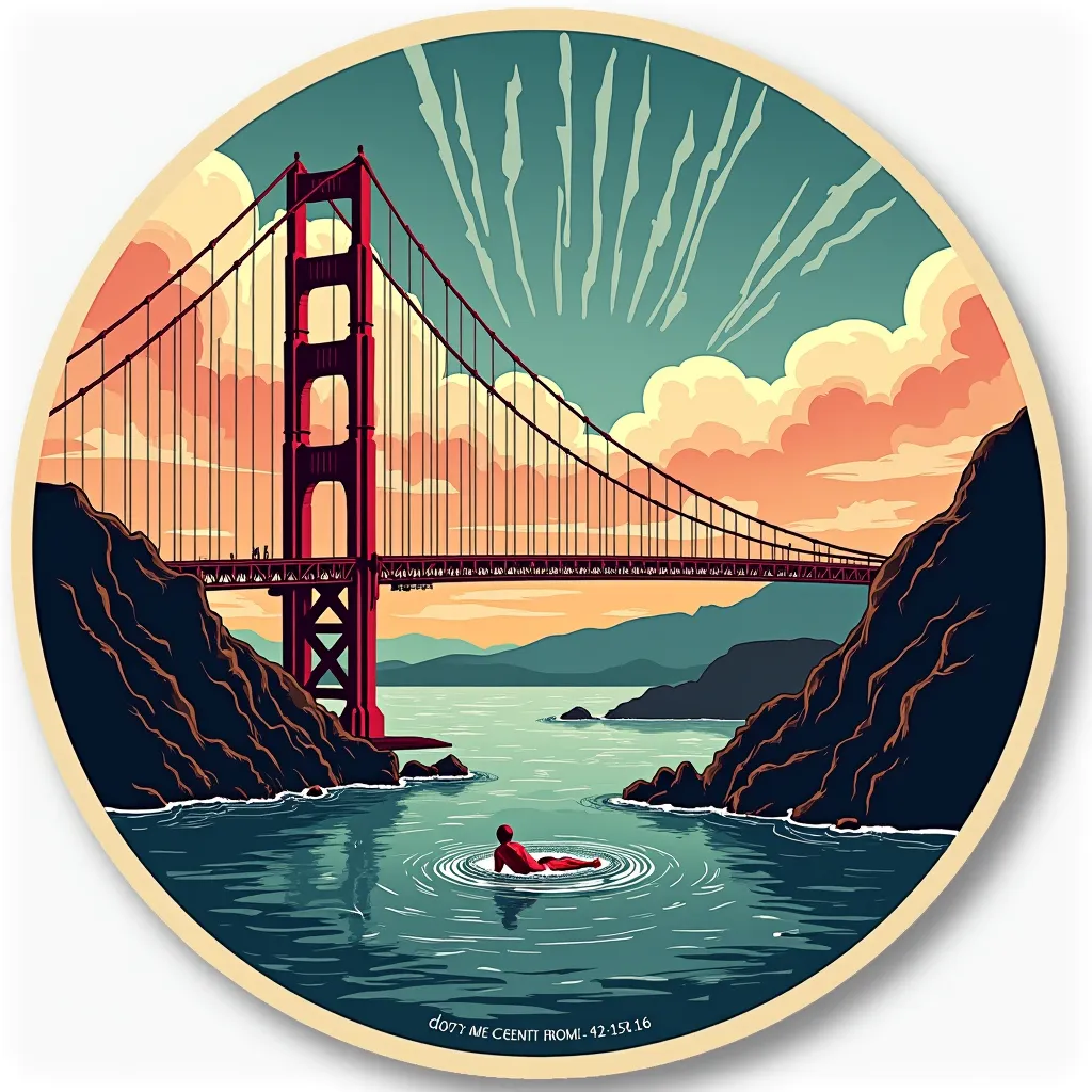 Make a sticker illustration of A combination of text and graphics, high bridge, cloudy sky, there is a someone who swimming from the other side under the bridge, The specific text: "Bridging the gap between where you are and where God is taking you" "Ephes...