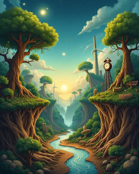 A surreal, hand-drawn-style digital illustration depicting the contrast between nature’s harmony and environmental destruction. The scene is split in an imaginative way, not just down the middle but through a twisting, organic divide—like roots weaving bet...