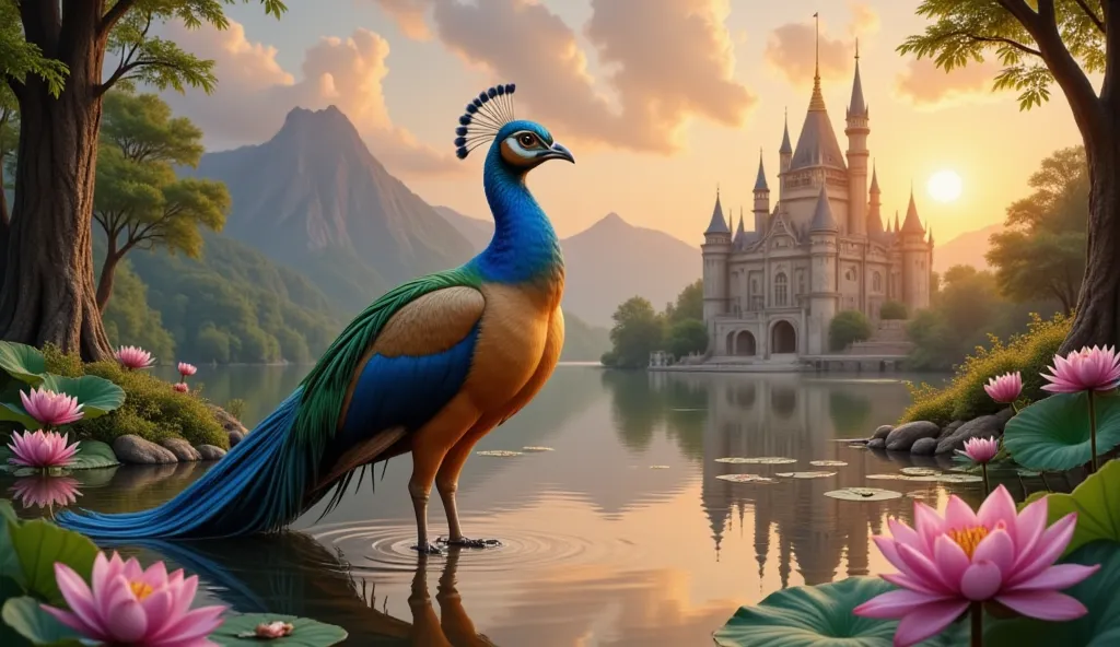 Create a highly detailed hyper-realistic painting of a fantasy scene of a majestic bird with peacock-like features, blue and orange feathers, standing in a reflective pond surrounded by vibrant lotus flowers and lush greenery. In the background, include a ...