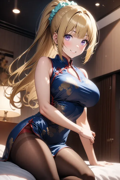 kei karuizawa, a girl with long hair, bangs, blunt bangs, purple eyes, blonde hair, hair ornament, ponytail, scrunchie,large breasts, alone in a hotel room at night iyokozuwari. She’s china dress, pantyhose and red underwear,with a cheerful smile. 32K ultr...