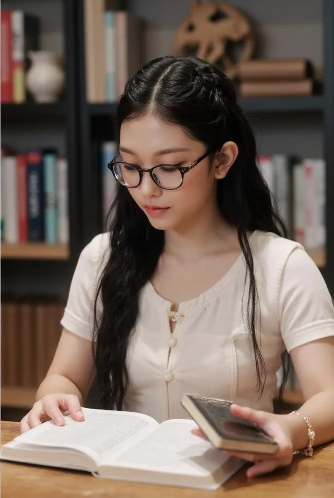 a beautiful wearing skinny sitting in the modern library, looking beautiful and majestic, and over all her features are as pure as milk, her short top blouse showing her naval, she's wearing rounded glasses her black hair is in lazy braided styled, she's l...