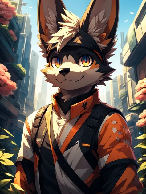 score_9, score_8_up , score_7_up , (Alone), (top quality:1.2), (8K BEST IMAGE), (Correct Anatomy), (((One and only person ))),  8K, official art, (Super Detail), (Male dog :1.5), ( futuristic city background), ( Mysterious Environment), natural light, char...