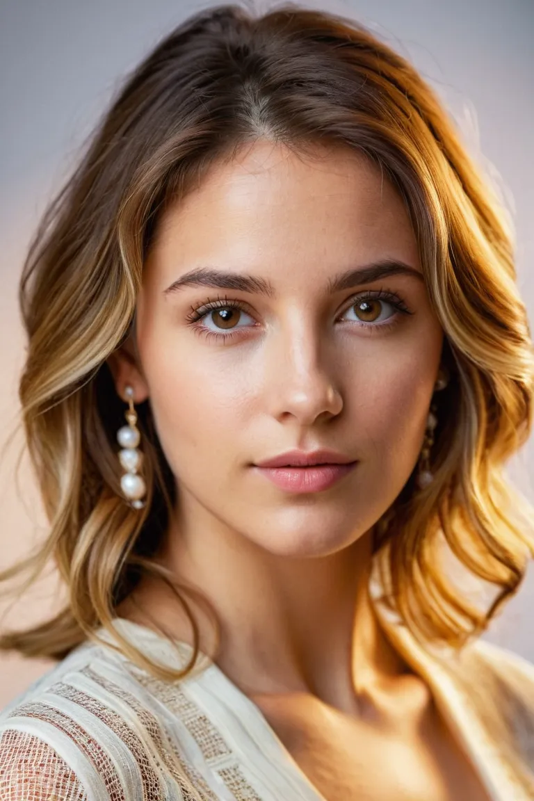 A portrait photo, high resolution, studio photography, realistic expressions. 25 year old woman, looking at the camera. slightly wavy brown hair, shoulder length, with blonde highlights, brown eyes, white skin, oval face. wearing an elegant outfit and acce...