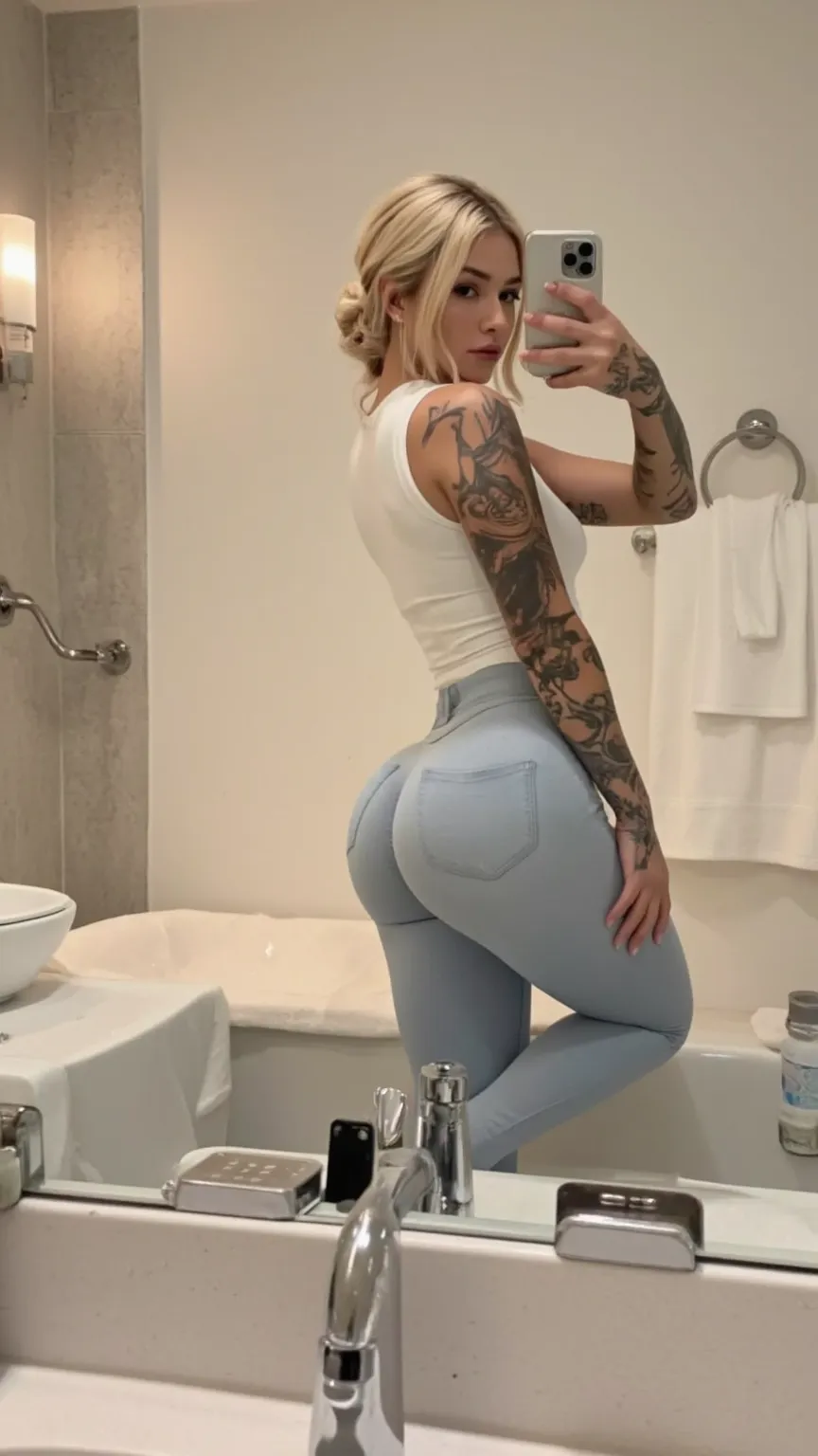 A stunning blonde woman with a full sleeve tattoo poses in a modern, well-lit bathroom, taking a mirror selfie with her iPhone. She is wearing a snug white crop top and form-fitting light blue shorts that perfectly hug her curvy, toned body. Standing with ...