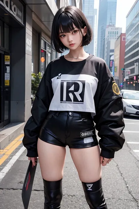  High Resolution,  boyish,   1 girl,  black hair, Sporty shortcuts,  Asymmetric Hairstyles ,  Asymmetrical bangs,   yellow eyes,  There are three circles in the middle of the eye,  Skater Style Street Fashion, slightly oversized bottoms, standing, futanari...