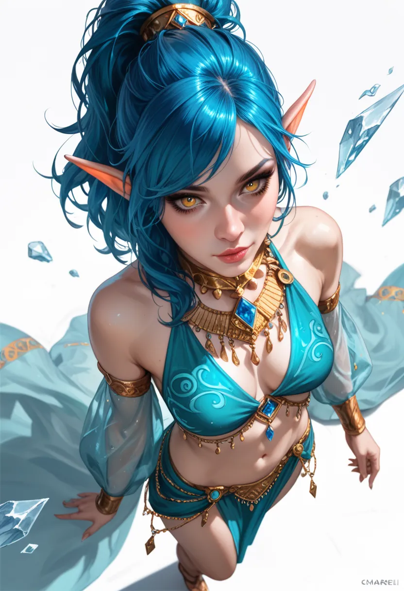 top view, top view, from above, realistic, rpg, dnd token, fantasy, a female elf dancer (pale skin) with long ice blue hair and gold eyes in a black raqs sharqi costume, standing, character looking down, top view, top view, from above, from above, (white b...