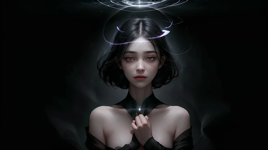 A mysterious, ethereal female figure with short, short jet-black hair, softly illuminated by ambient lighting. Her eyes are concealed behind an intricate, black blindfold, resembling fractured obsidian or a delicate dark glass texture that subtly catches l...