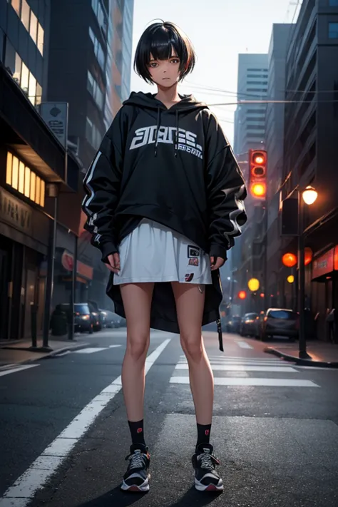  High Resolution,  boyish,   1 girl,  black hair, Sporty shortcuts,  Asymmetric Hairstyles ,  Asymmetrical bangs,   yellow eyes,  There are three circles in the middle of the eye,  Skater Style Street Fashion, slightly oversized bottoms, standing, futanari...