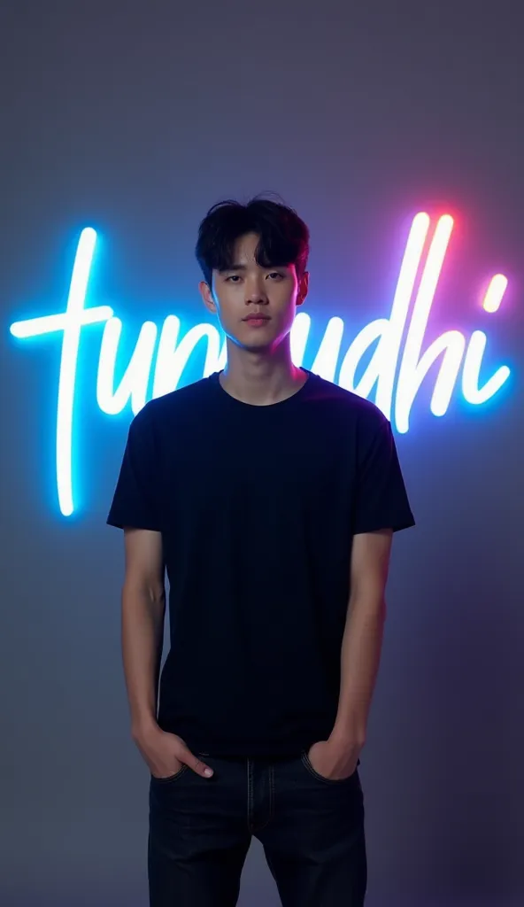 is a large letter written "TURMUDHI" with 3d writing style that has fluorescent light of various colors and blue flame. the writing was straight facing the camera. behind the writing there is a handsome korean guy wearing a black t-shirt, wearing black jea...