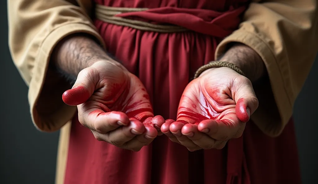 A man wearing clothes from biblical times with his hands and clothes soiled with red ink