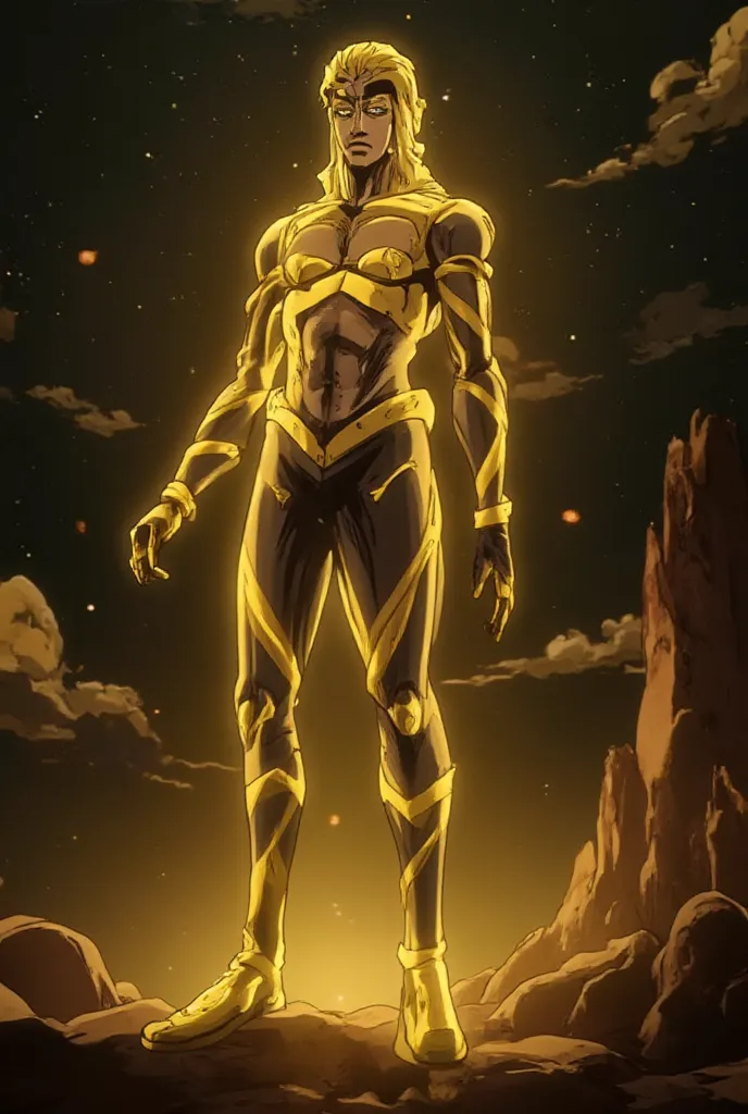 
"A humanoid Stand with an imposing cosmic appearance, radiating a mix of intense golden light and deep black darkness. Its body constantly shifts between luminous brilliance and abyssal void, resembling the collision of a supernova and a black hole. Its e...